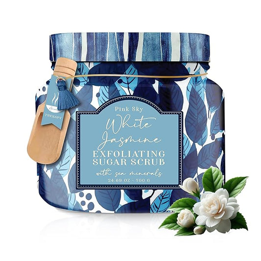 Pink Sky Exfoliating Body Scrub - Ultra Gentle Sugar Scrub for Smooth Skin - Premium Body Scrubs for Radiant, Soft Skin - Ideal Exfoliator for All Skin Types - 700g (White Jasmine, 24.69 Oz)