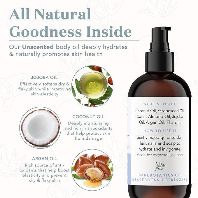 BARE BOTANICS 8 oz Moisturizing Unscented Body Oil - 100% Pure & Natural for Skin & Nails - Perfect for Moisturization - Vegan, Cruelty Free & Naturally Scented Hair Oil