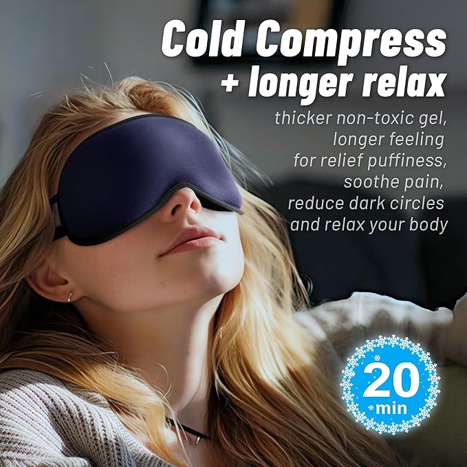 Cooling Gel 3D Sleep Eye Mask-Weighted Blackout Sleep Mask & Cold Compress for Dark Circles, Dry Eyes, and Puffiness - Comfortable, Eyelash-Friendly, Reusable for Relaxing Sleep -Blue