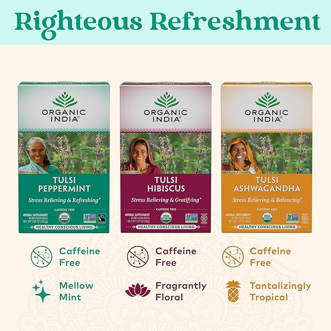 ORGANIC INDIA Tulsi Peppermint Tea - Caffeine Free Herbal Mint Tea - Stress Relieving Holy Basil, Immune & Digestion Support, Vegan, USDA Certified Organic, Fairtrade - 18 Infusion Bags, 3 Pack