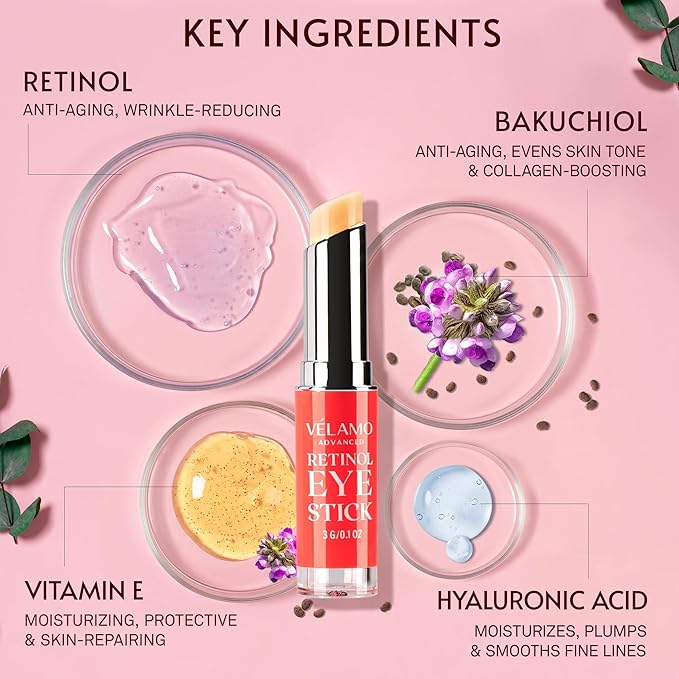VELAMO ADVANCED Retinol Eye Stick: Retinol Under Eye Cream for Dark Circles and Puffiness with 1% Bakuchiol - Anti Aging Balm Stick Reduces Fine Lines Wrinkles Under Eye Bags in 4-8 Weeks - 2 Packs