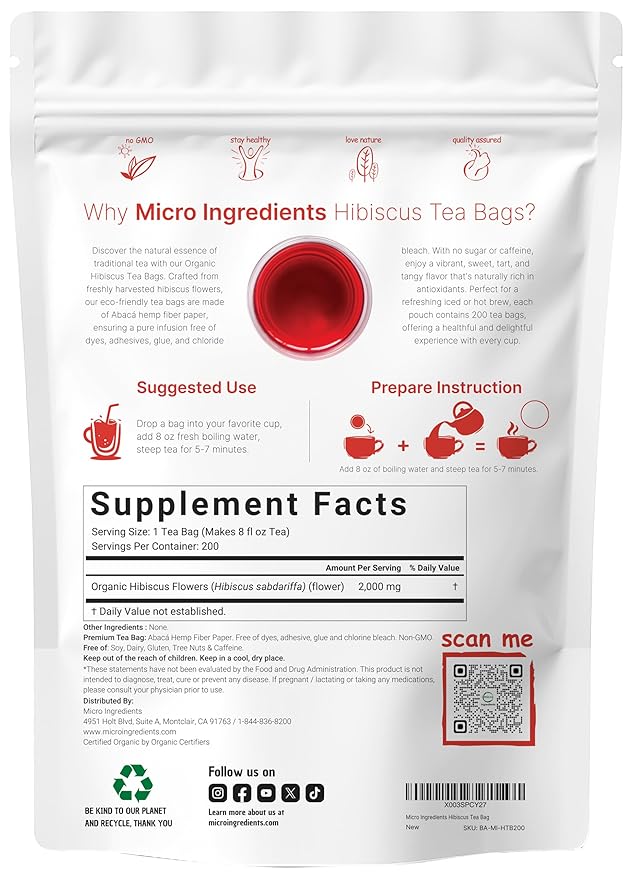 Organic Hibiscus Tea Bags, 200 Count | Premium Source from Hibiscus Flowers | Caffeine Free Herbal Tea | Eco-Friendly Hemp Paper Tea Bags | Non-GMO, No Sugar
