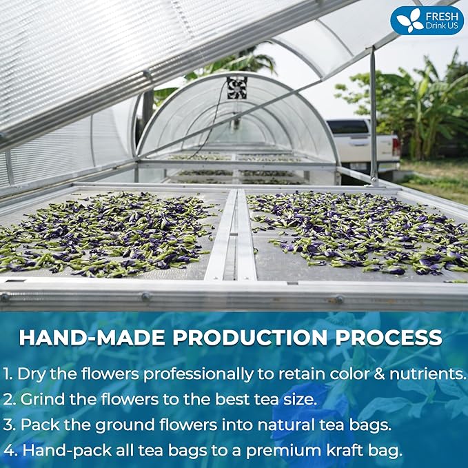 FreshDrinkUS, Premium 100 Blue Butterfly Pea Flowers Tea Bags, 100% Natural and Pure from Butterfly Pea Flowers, Made With Natural Material Tea Bag, No Sugar, No Caffeine, No Gluten, Vegan