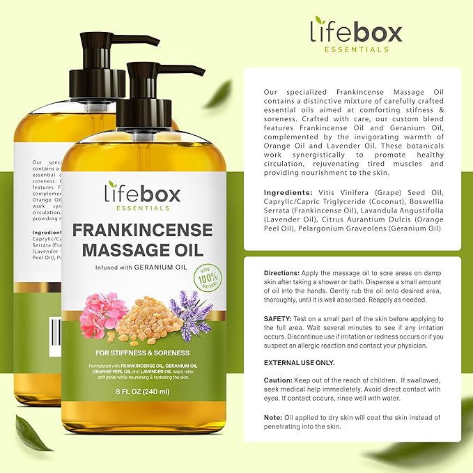Frankincense Massage Oil – 100% Pure & Natural - Massage Therapy Oil for Soreness & Stiffness – Stretch Marks and Scars Body Oil Infused with Frankincense Essential Oil and Geranium Oil – 8 FL OZ