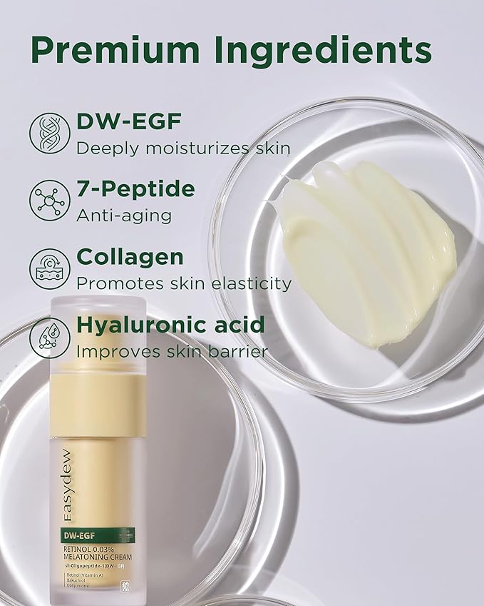 EASYDEW DW-EGF Peptide Retinol 0.03% Cream – Beginner Retinol Night Cream for Hypoallergenic Skin Care - Firm Skin, Wrinkle Improvement - Korean Daily Anti Aging Face & Neck Treatment, 1.01fl. oz.