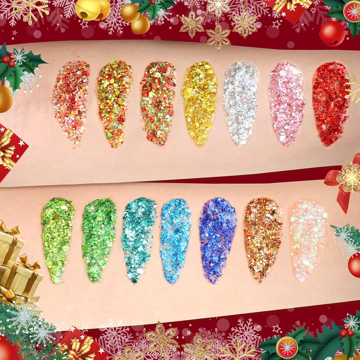 14 Colors Body Glitter,Face Glitter Makeup for Kids Women,Sparkly Chunky Hair Glitter for Eye Lip Nails,Mardi Gras Glitter Makeup Face Paint,Singer Concerts Disco Rave Festival Accessories-Christmas