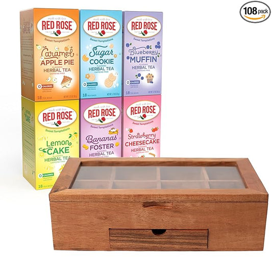 Red Rose Sweet Temptations Dessert Tea Variety Pack with Tea Chest, Zero Sugar, Zero Calories Caffeine-Free Flavored Herbal Tea 6 Pack (108 tea bags) Delicious Beverage Gift Set Naturally Flavored