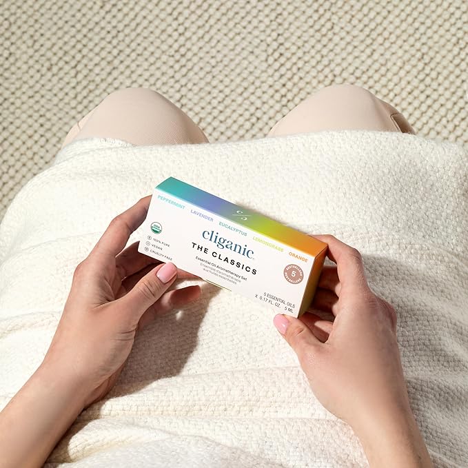 Cliganic Organic Essential Oils Set (Top 5 - The Classics) - 100% Pure Natural - Aromatherapy, Candle Making - Peppermint, Lavender, Eucalyptus, Lemongrass & Orange (Packaging May Vary)