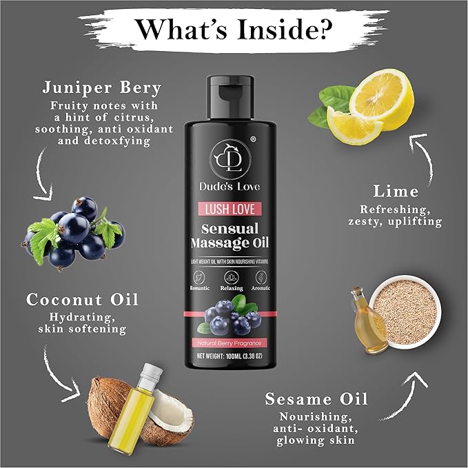 Dude's Love Organic Berry Sensual Massage Oil for Couples - Edible, Detoxifying, Stimulating - 3.38 Fl Oz