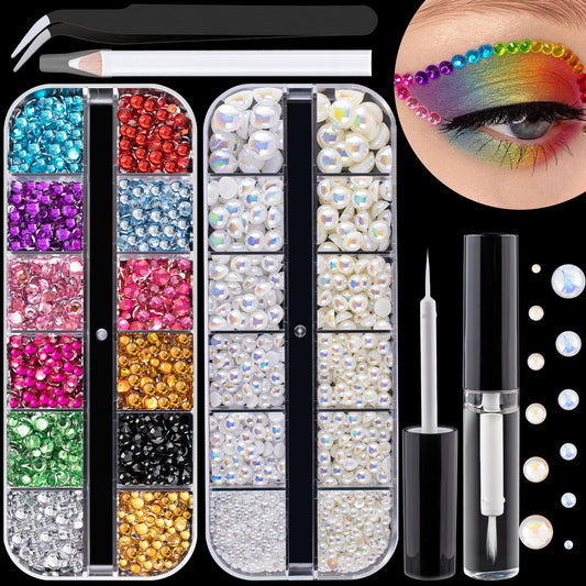 Flat Back Rhinestone+Half Round Pearl Kits Colorful Rhinestones+White AB&Beige AB Pearls With Quick Dry Makeup Glue+Picker Pencil+Tweezer For Nail Art And Face Make-up