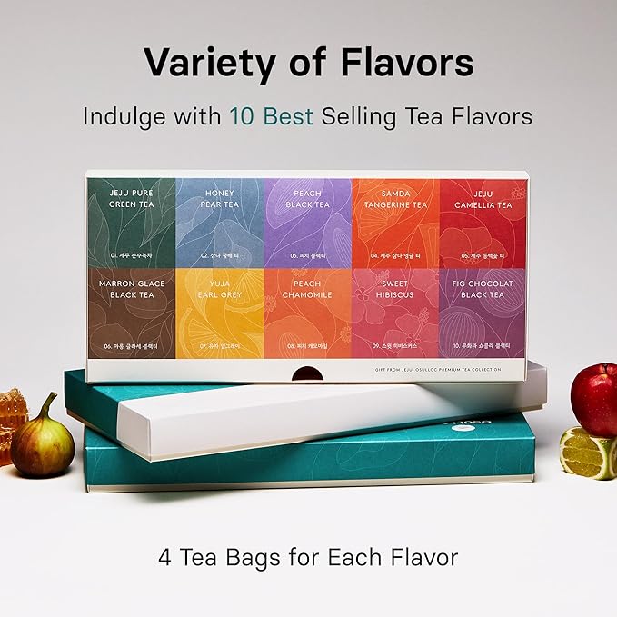 OSULLOC Premium Tea Collection (40 count, 10 flavors x 4 ea), Assorted Tea bag Sampler, Premium Organic Pure & Blended Self Care Gift Set box from Jeju for Tea lovers