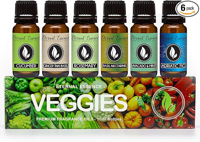 Eternal Essence Veggies Set of 6 Premium Fragrance Oils - Includes Cucumber, Avocado & Mint, Rosemary, Ginger Thai Basil, Basil Nectarine, and Adriatic Fig Scented Oils - 10ML