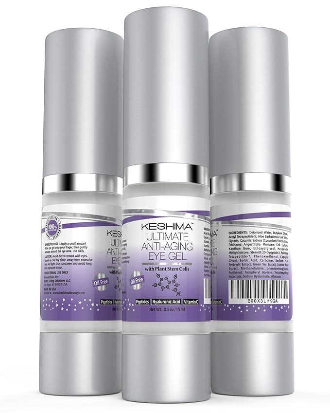 Keshima Eye Gel for Crow's Feet, Puffiness, Sagging Skin, Dark Circles and Wrinkles - Cream with Plant Stem Cells, Vitamin C, Hyaluronic Acid, Complex Peptides, Aloe, Green Tea - Oil Free