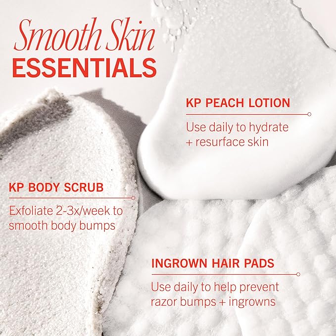 First Aid Beauty Soft + Smooth Starter Body Kit: KP Bump Eraser Body Scrub, 4 oz, Smoothing + Brightening Lotion (Peach), 1oz, & Ingrown Hair Pads, 28 Pads, Exfoliation & Hydrating Skin Care Set, 3ct