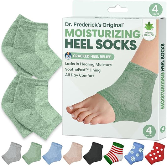 Dr. Frederick's Original Moisturizing Heel Socks for Cracked Heel Treatment - 2 Pairs - Socks for Dry Feet - Cracked Skin Repair & Overnight Hydration - Foot Care for Women & Men - Green Aloe