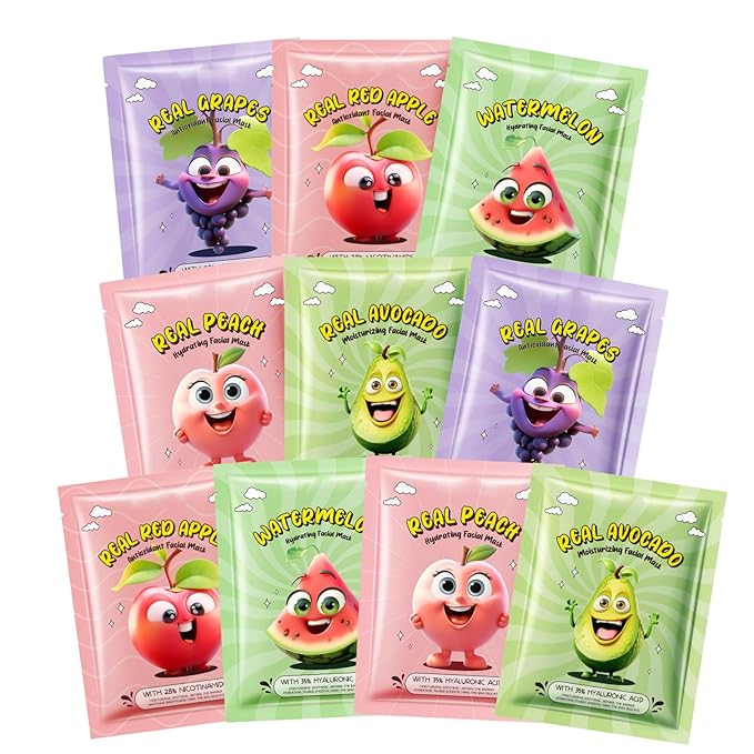 Hydrating Face Masks - Face Masks Skincare - Cartoon Fruit Face Mask Pack - Moisturizing, Antioxidant & Nourishing Facial Mask - Sheet Mask - Girls Easter Basket Stuffers (10PCS, Fruit)