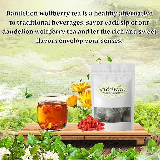 Dandelion Wolfberry Tea, Supports Kidneys & Liver Health Tea, Seven Herbal Ingredients Natural Blend, Dandelion Chinese Wolfberry Tea Bags, Dandelion Tea Organic, 120g Per Pack (2 Bags / 24 Pcs)