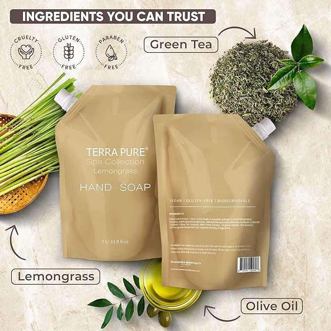 Terra Pure Spa Collection 1 Liter Hand Wash Refill Bag For Soap Dispensers | Bulk Toiletries for Vacation Rentals, and Home Bathroom Showers | Green Tea Lemongrass | Single