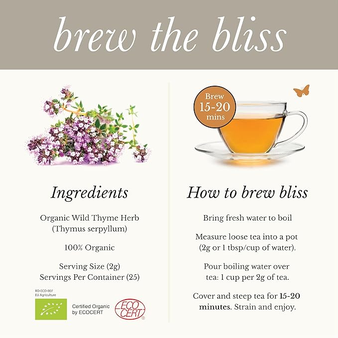 Wild Bliss Organic Wild Breckland Thyme Tea - Caffeine Free Loose Leaf Herbal Tea - Resipratory and Digestion Support - 1.76 Oz - 25 Servings