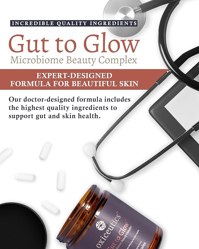 Gut to Glow – 120 Capsules - Probiotics for Skin - Supports Skin’s Youthful Appearance with Marine Collagen, hyaluronic Acid & astaxanthin