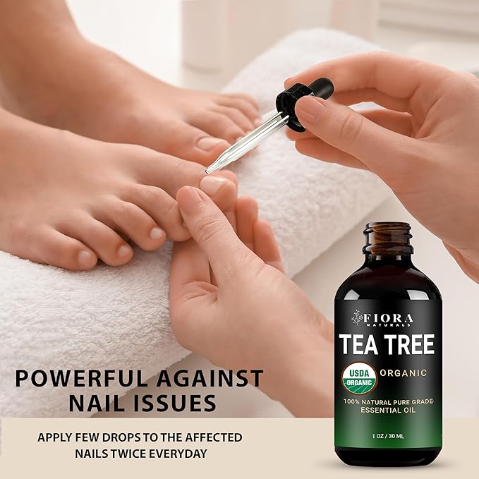 Tea Tree Essential Oil by Fiora Naturals- 100% Pure Organic Oil, for Face, Hair, Skin, Acne, Scalp, Foot and Toenails. Melaleuca Alternifolia, 1 oz /30ml
