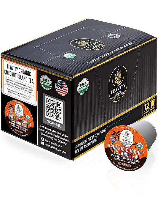 TEAVITY Organic Coconut Island Tea - Compatible With Keurig K-cup 2.0 Brewers - Energy, Revitalizing, Refreshing Tea Pod - Works With Keurig Tea Pods & Tea K Cups 12 Count (Pack of 1)