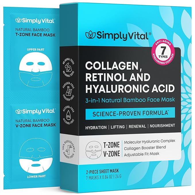 SimplyVital Collagen Face Mask with Retinol & Hyaluronic Acid - Bamboo Sheet Mask for Tightening & Lifting, Hydration & Elasticity, Anti-Aging Facial Lift Mask Skin Care, Mascarillas Faciales - 7 Pack