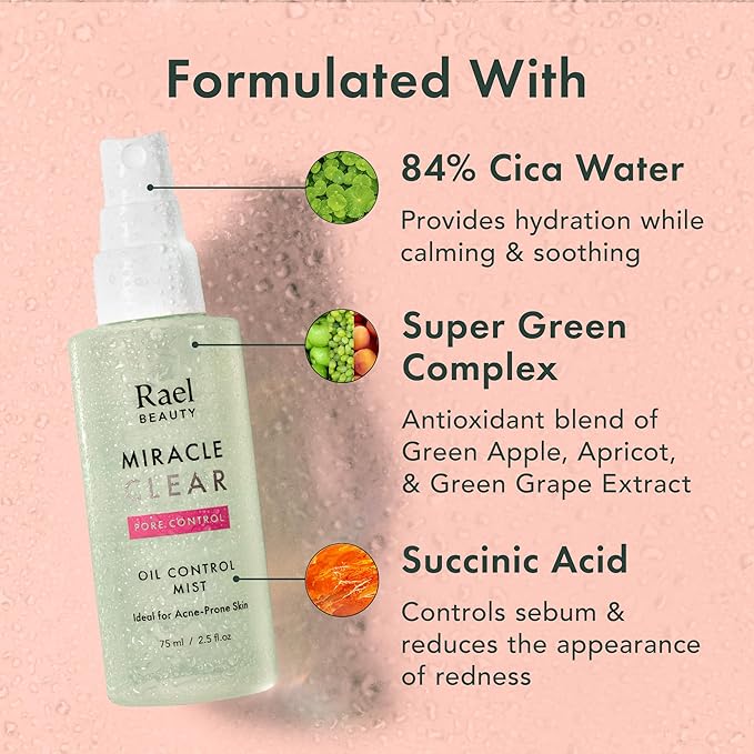 Rael Face Mist, Miracle Clear Hydrating Facial Spray, Pore Control for Acne Prone & Oil with Succinic Acid, Residue Free, Vegan, Korean Skin Care (2.5 fl oz)