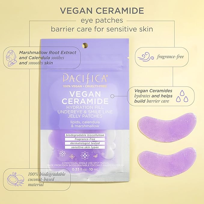 Pacifica Undereye Mask Vegan Ceramide Hydrating Jelly Eye Patches - Under Eye & Smile Line Masks for Fine Lines & Puffiness, Barrier Repair for Sensitive Skin, Fragrance-Free Vegan Clean Beauty
