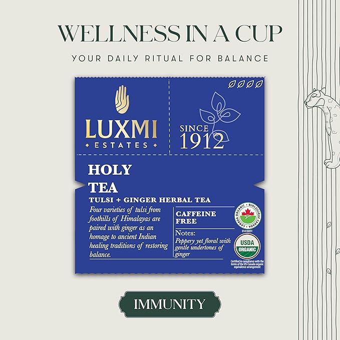Luxmi Estates - Holy Basil - Organic Tulsi Tea - 25 Tea Bags | With Tulsi and Ginger | Provides Immune Support, Stress Relief and Uplifts Mood