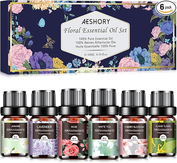 Floral Essential Oils Set - 6x10ML Fragrance Oil for Diffusers, Massage, Aromatherapy, Candle Making - Lavender, Rose, White Tea, Jasmine, Ylang-Ylang, Cherry Blossom Scented Oil