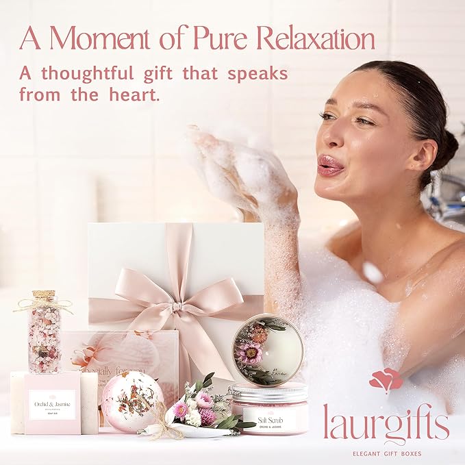Orchid & Jasmine Spa Gift Baskets for Women – Luxury Birthday Bath Gifts for Mom, Wife, Sister, Friend - Self-Care and Relaxation Mother’s Day Gifts - Gift Baskets for Her for All Occasions