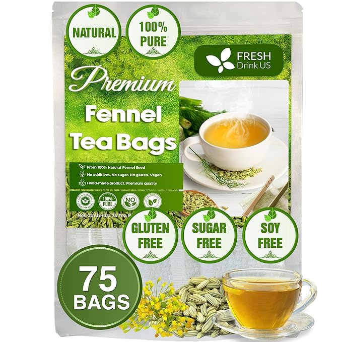 FreshDrinkUS, Premium 75 Fennel Tea Bags, 100% Natural & Pure from Fennel Seeds. Fennel Seed Herbal Tea. Fennel Seed Tea. Made with Natural Material Tea Bags. No Sugar, No Caffeine, No Gluten, Vegan.