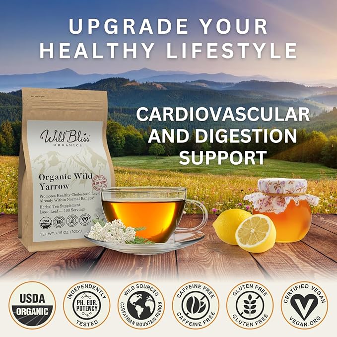 Wild Bliss Organic Yarrow Flower Tea - Caffeine Free Loose Leaf Herbal Tea - Pharmacopoeia Potency - 7 Ounces - 100 Servings