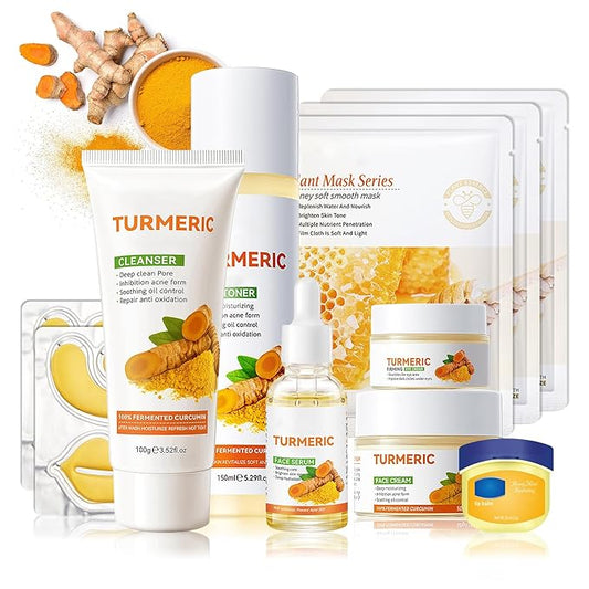 Turmeric skincare set with face wash, eye cream, toner, cream, serum, tinted lip balm, 3 honey face masks, under eye patches and lip mask (11 pcs) by Brand