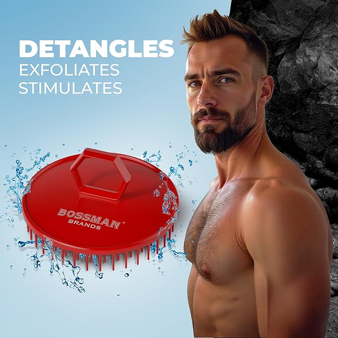 Bossman Scalp Massager & Shampoo Brush (Red) – Head Scrubber, Beard Exfoliator & Dandruff Control for Hair & Beard