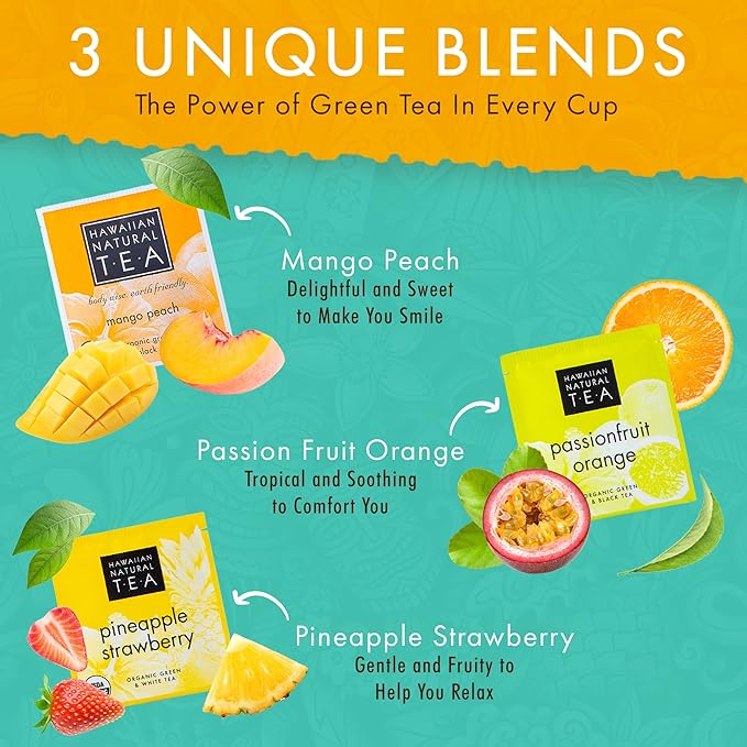 Hawaiian Natural Organic Tropical Fruit Tea Sampler - Green, Black, White Tropical Fruit Tea Blends, Gift Box Set For Special Occasions - 24 Bags