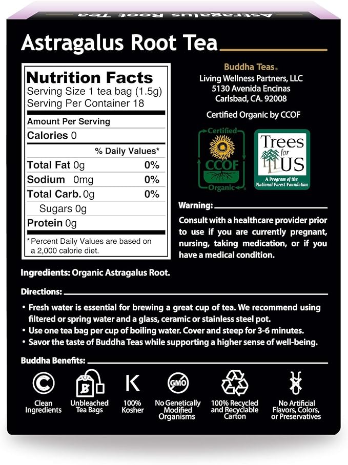 Buddha Teas Organic Astragalus Root Tea | 18 Bleach-Free Tea Bags | Made in the USA | Caffeine-Free | No GMOs