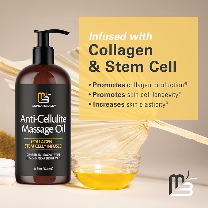 Anti Cellulite Massage Oil - Body Oil and Massage Oil for Massage Therapy | Infused with Collagen and Stem Cell Skin Tightening Cellulite Cream and Massage Lotion for Women 16 Fl Oz by M3 Naturals
