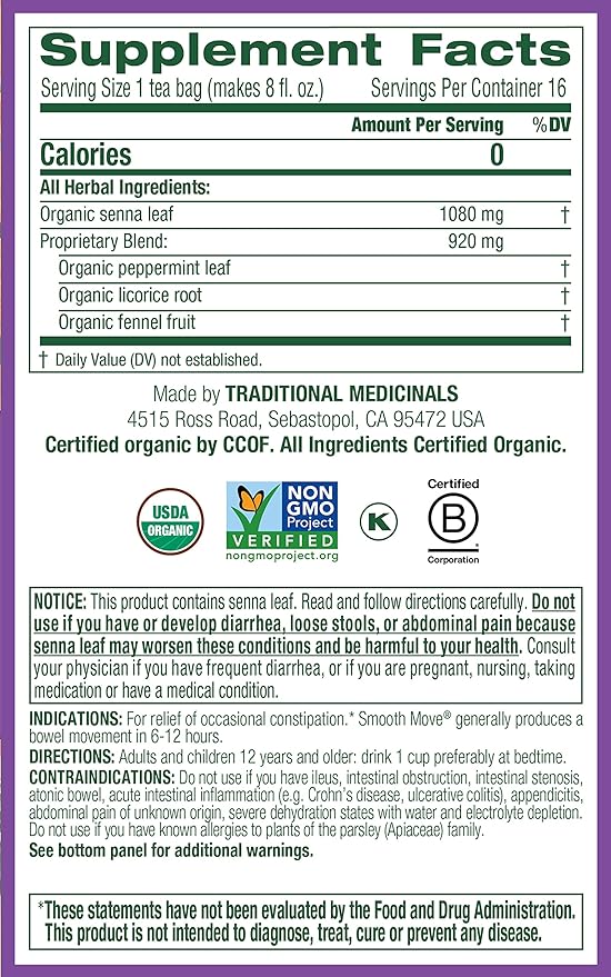 Traditional Medicinals Organic Smooth Move Peppermint Laxative Tea, 16 Tea Bags (Pack of 1)