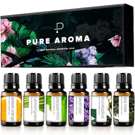 Essential Oils Set by Pure Aroma - Top 6 Aromatherapy Oils Gift Set-6 Pack, 10ml (Eucalyptus, Lavender, Lemongrass, Sweet Orange, Peppermint, Tea Tree)