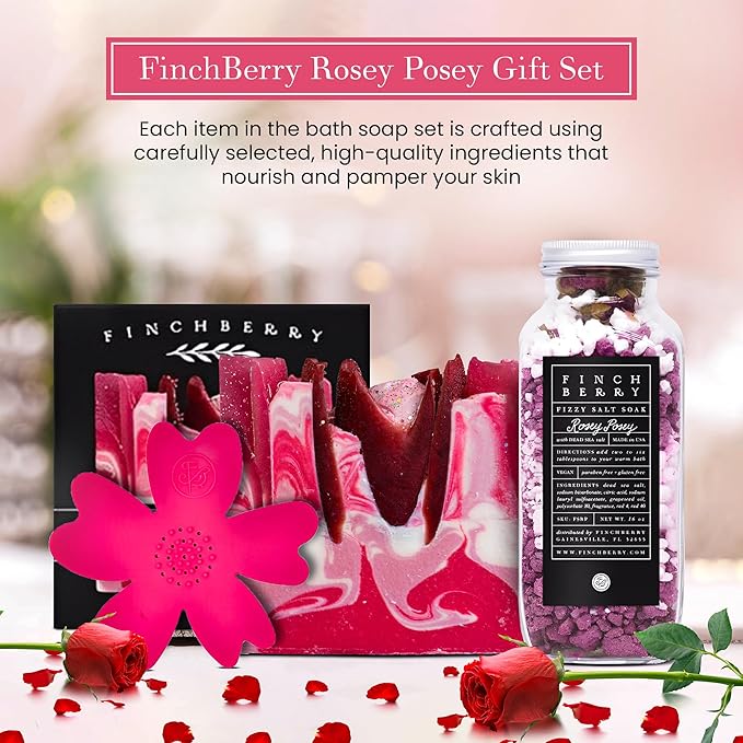 FinchBerry Rosey Posey Gift Set - Ideal Gifts Romantic Occasions, Anniversaries, Birthdays, Women’s Day, Housewarming, or Get Well Soon - Spa Gift Set With Handmade Soap, Fizzy Salt Soak & Soap Dish