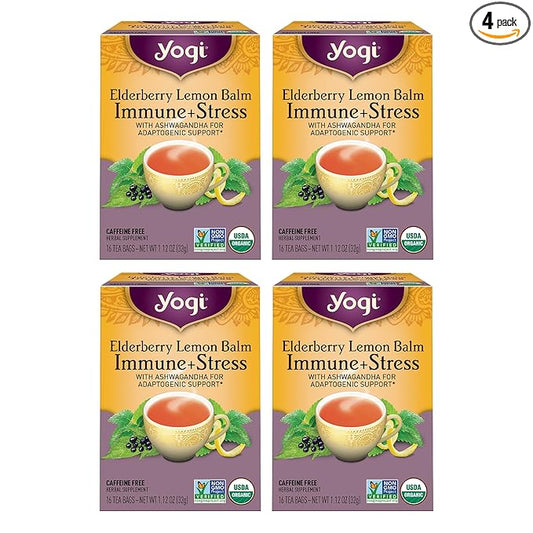 Yogi Tea Elderberry Lemon Stress & Immune Support Tea - 16 Tea Bags, 4 Packs - With Ashwagandha, Lemongrass, Licorice Root & More