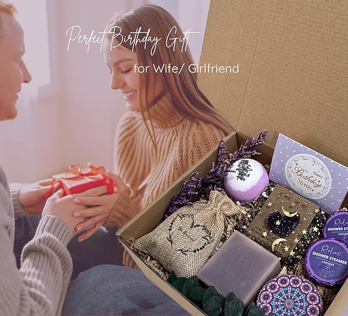 Lavender Gift Box for Women – Birthday Gift for Her, Spa Gift Set, Relaxing Self Care Package for Mom, Wife, Sister, Best Friend – Stress Relief Gifts for Women