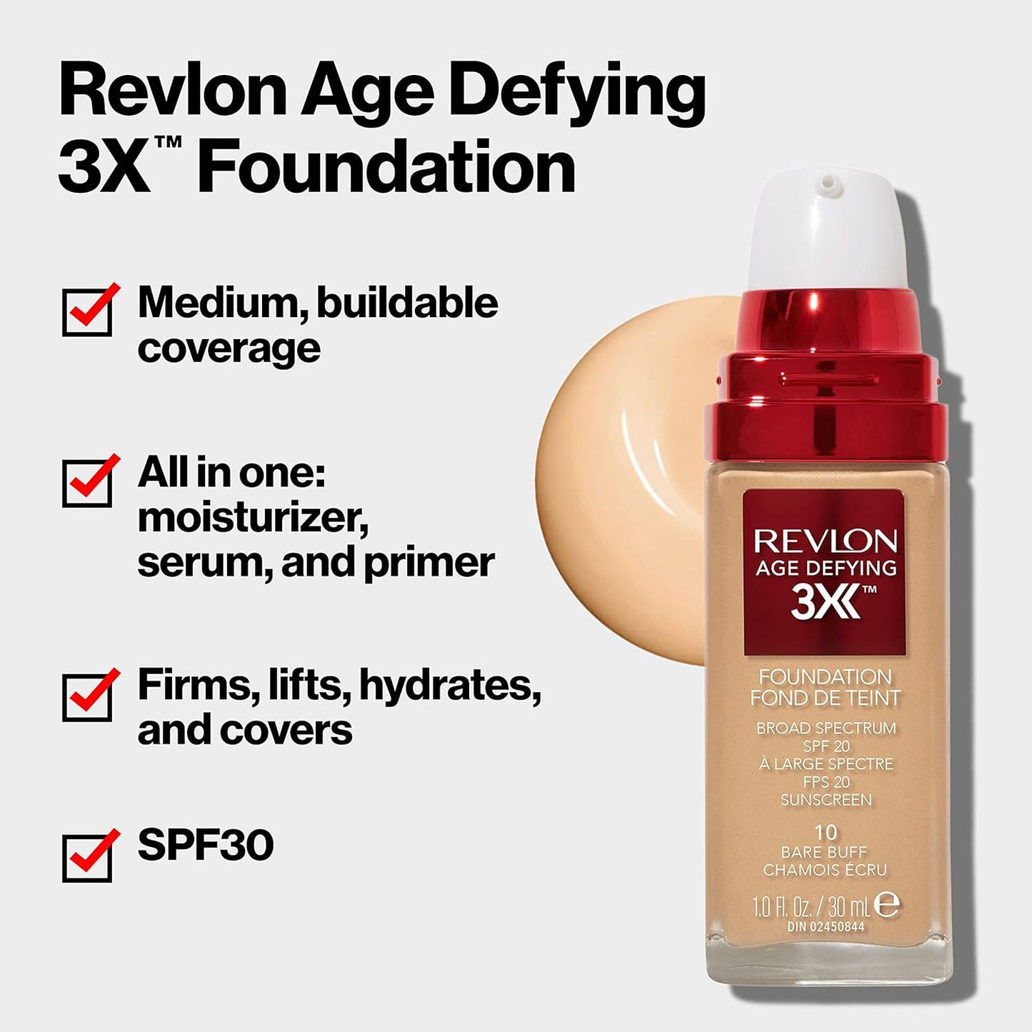 Revlon Liquid Foundation, Age Defying 3XFace Makeup, Anti-Aging and Firming Formula, SPF 30, Longwear Medium Buildable Coverage with Natural Finish, 040 Medium Beige, 1 Fl Oz