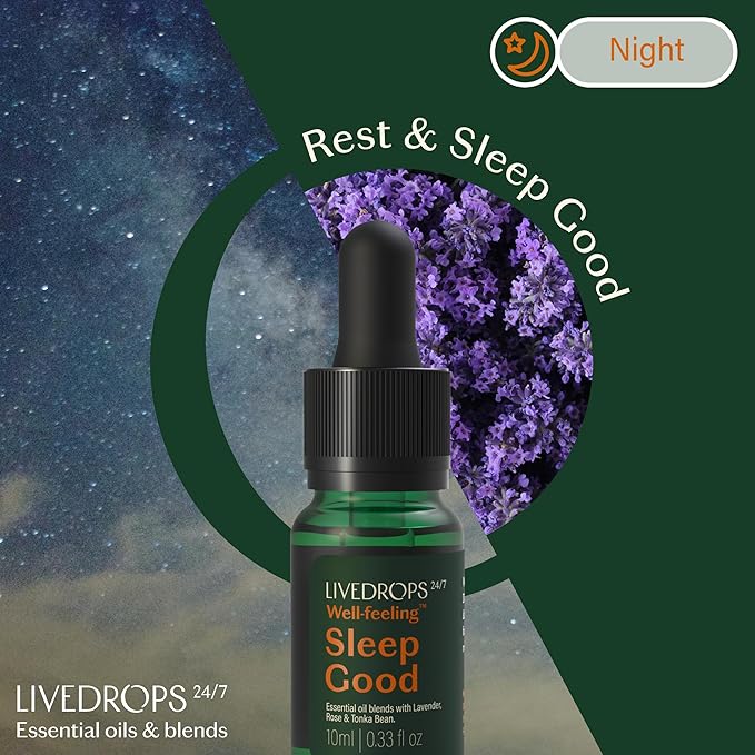 LIVEDROPS 24/7 Sleep Good Essential Oil Blend Crafted in France. Lavender, Rose & Tonka. Pure & Natural Aromatherapy Skin Safe & Diffuser Compatible Clinically Tested