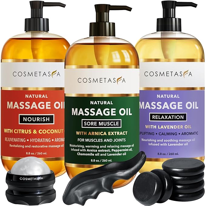 Cosmetasa Luxury Spa Gift Set for Women & Men - Relaxation Lavender Massage Oil, Citrus Coconut Massage Oil, Arnica Sore Muscle Massage Oil with Hot Stones, Roller Ball and Thumb Saver Massage Tools