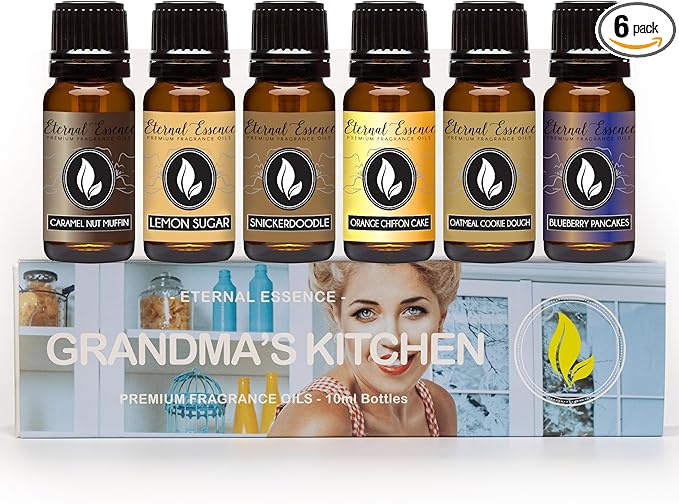 Eternal Essence Oils Grandma's Kitchen Set of 6 Premium Fragrance Oils - Caramel Nut Muffin, Oatmeal Cookie Dough, Snickerdoodle, Orange Chiffon Cake, Lemon Sugar, and Blueberry Pancakes - 10ML