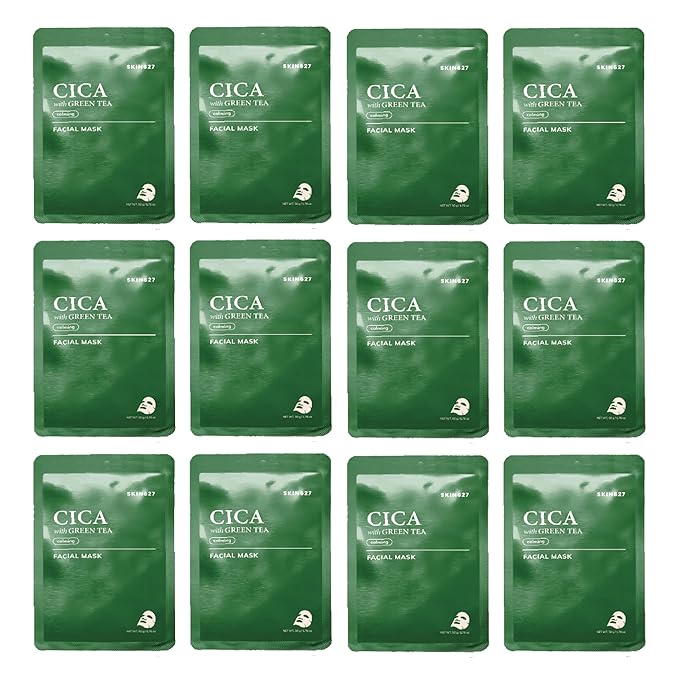 SKIN627 Bulk 12PK Face Masks Skincare, Korean Skincare, Facial Mask, Sheet Masks Korean (12PK Cica with Green Tea)