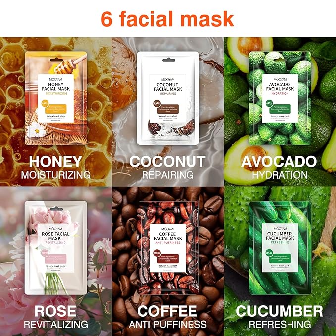 Face Mask Skincare, 6 Pack Variety Sheet Masks - Spa Party Face Masks - Natural Ingredients, Moisturizing & Soothing - Suitable for All Skin Types